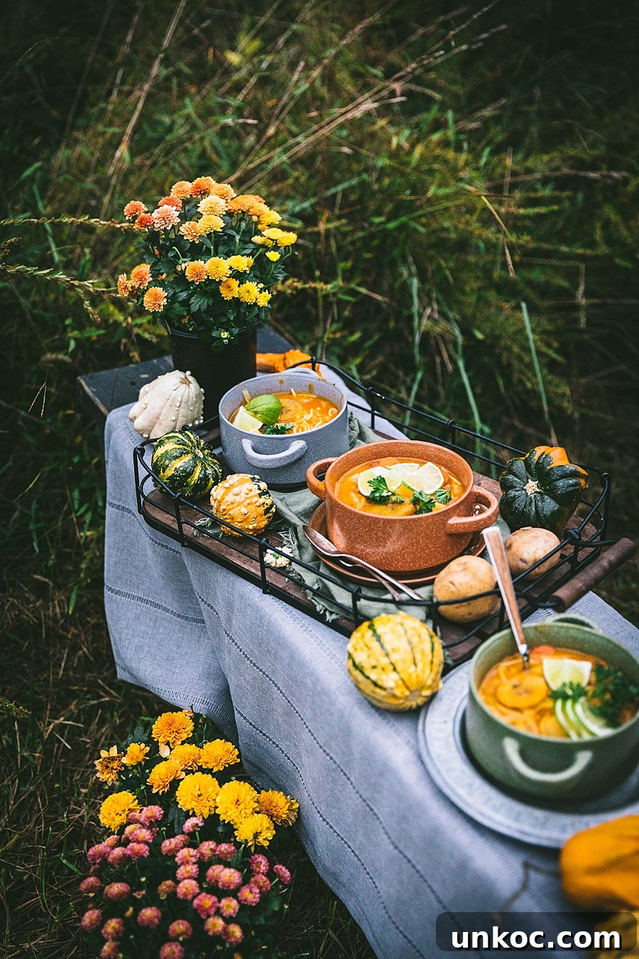 Pumpkin Recipes from Around the World to Try This Fall 3 A table in a grassy field and on the table are many fall related items such as mums, squashes and Soup Joumou