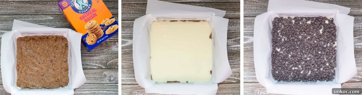 Gluten Free Oatmeal Cookie Magic Bars 4 Steps to make oatmeal cookie magic bars, first 3 layers