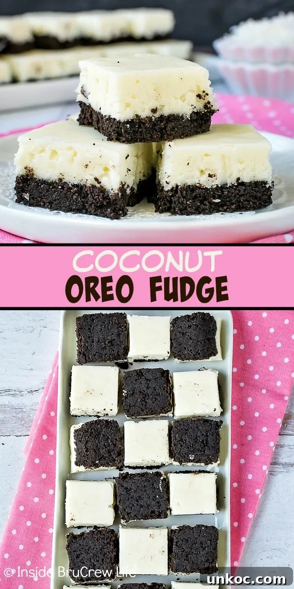 Coconut Oreo Fudge - the Oreo cookie crust makes this easy coconut fudge taste absolutely amazing. Make this easy no bake recipe for spring or summer parties. #fudge #coconut #Oreocookies #nobake #spring #Easter #dessert #coconutcream 2 pictures of oreo coconut fudge separated by a text box.