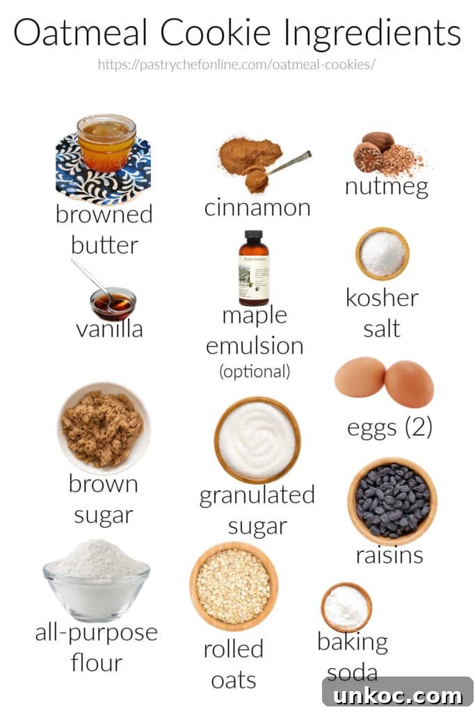 Chewy Oatmeal Raisin Cookies Recipe 4 Labeled images of the ingredients needed to make oatmeal raisin cookies: browned butter, cinnamon, nutmeg, vanilla, maple emulsion (optional), kosher salt, brown sugar, granulated sugar, egg (2), all-purpose flour, rolled oats, baking soda, and raisins.