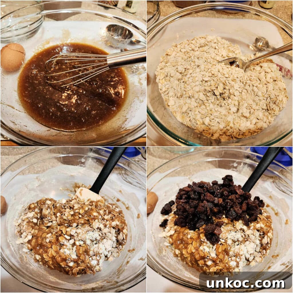 Chewy Oatmeal Raisin Cookies Recipe 5 A collage of four images showing how to make oatmeal cookie dough: 1)A glass bowl with dark, viscous liquid (browned butter, dark brown sugar, brown sugar, spices, and flavorings) with a whisk in it. 2)A bowl of flour, rolled oats, and leavening all whisked together. 3) The dry ingredients partially stirred into the wet ingredients. 4)The raisins added to the bowl but not yet stirred into the dough.