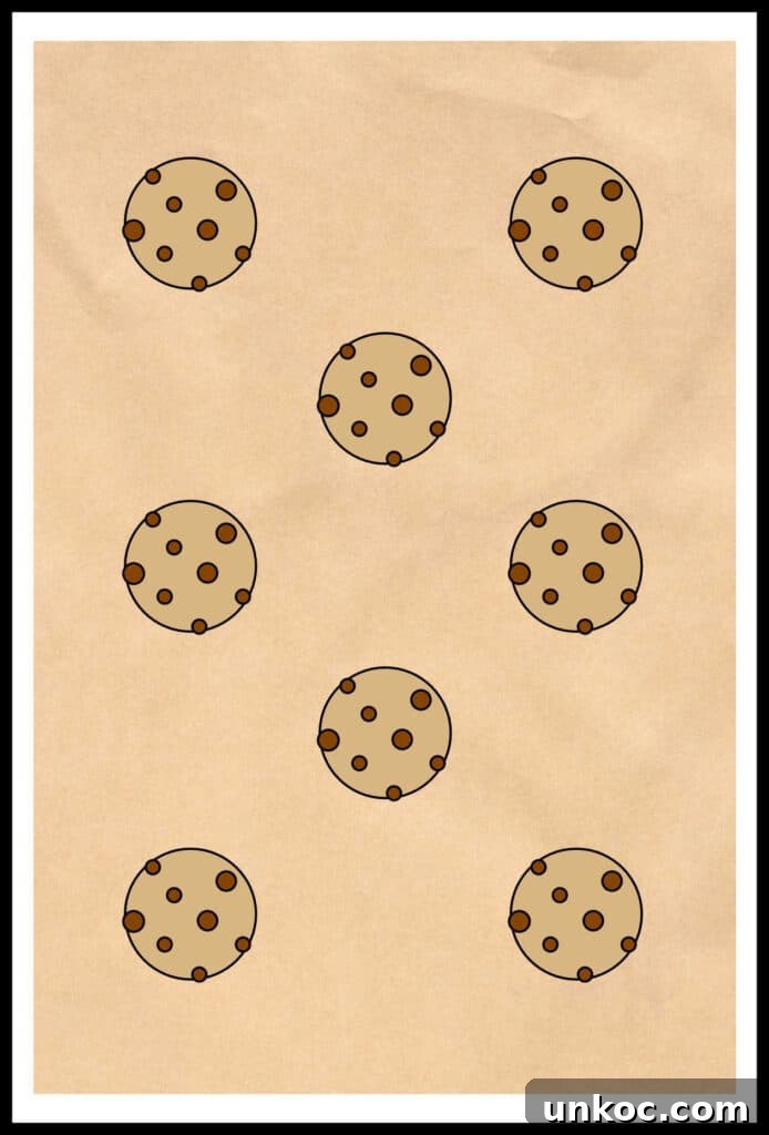 Chewy Oatmeal Raisin Cookies Recipe 6 A diagram of a sheet pan with 8 balls of dough on it, two columns of 3 cookies each and one column, staggered in the center, of 2 cookies to allow maximum space for spreading.
