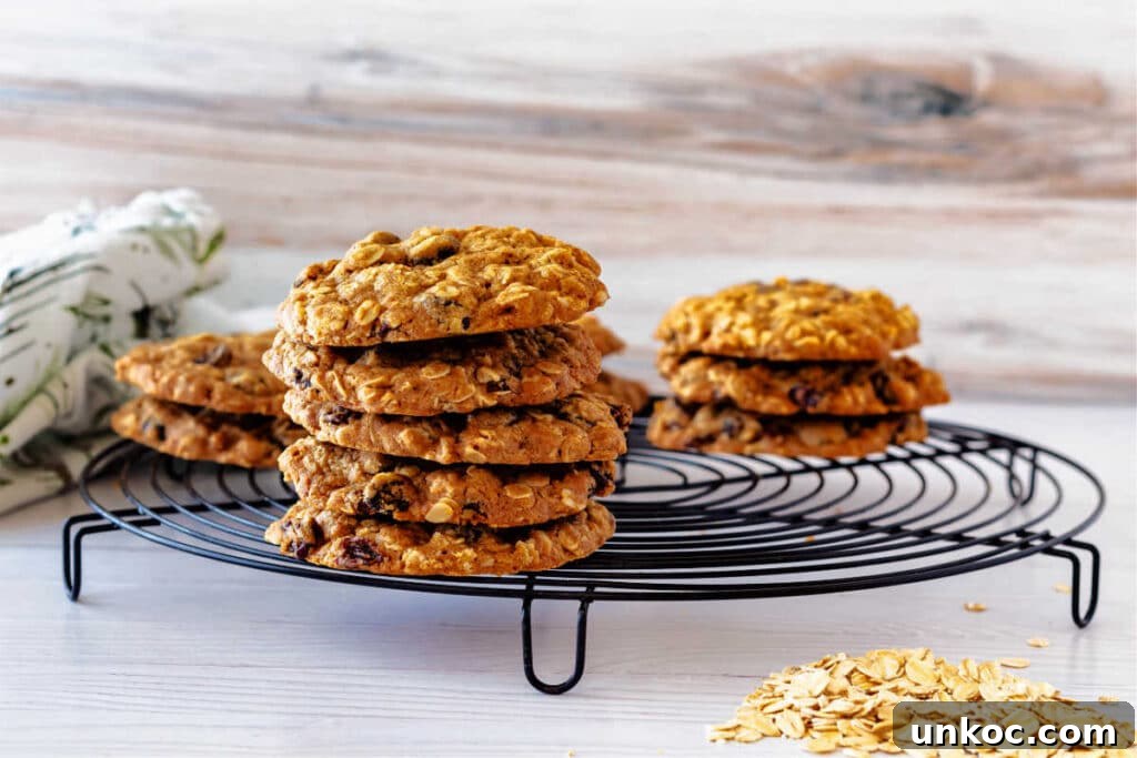Chewy Oatmeal Raisin Cookies Recipe 8 A horizontal image of two stacks of cookies on a cooling rack with some rolled oats in the foreground and a white and green print napkin in the background.
