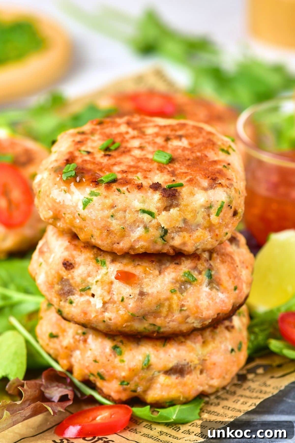 A stack of Thai salmon cakes on parchment paper.