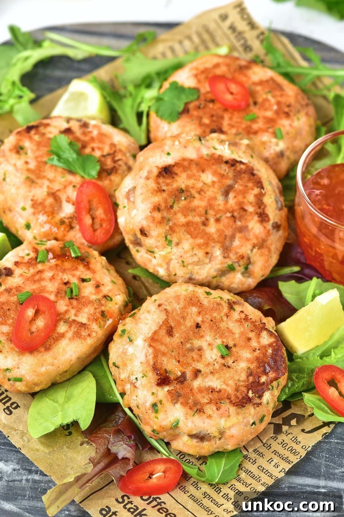 Up close view of salmon fish cakes on parchment paper.
