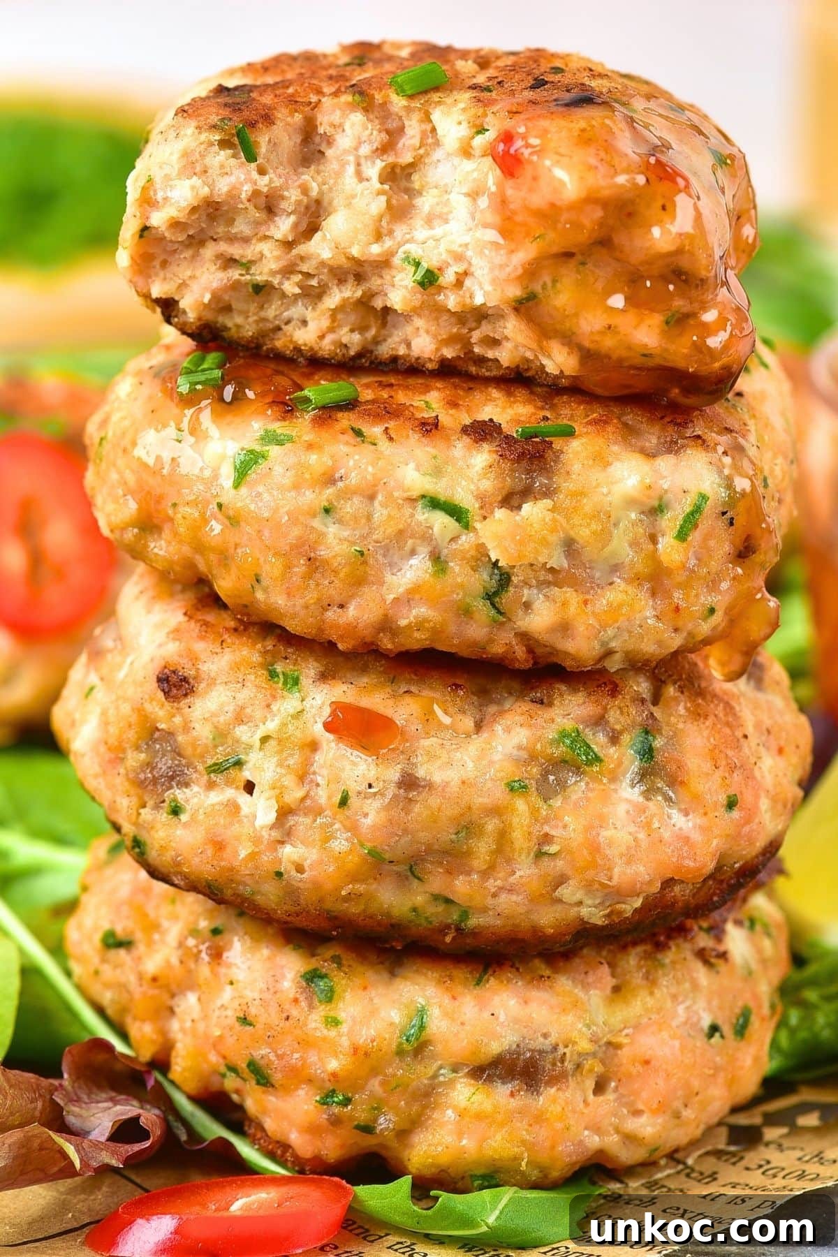 A stack of half-eaten salmon Thai fish cakes.