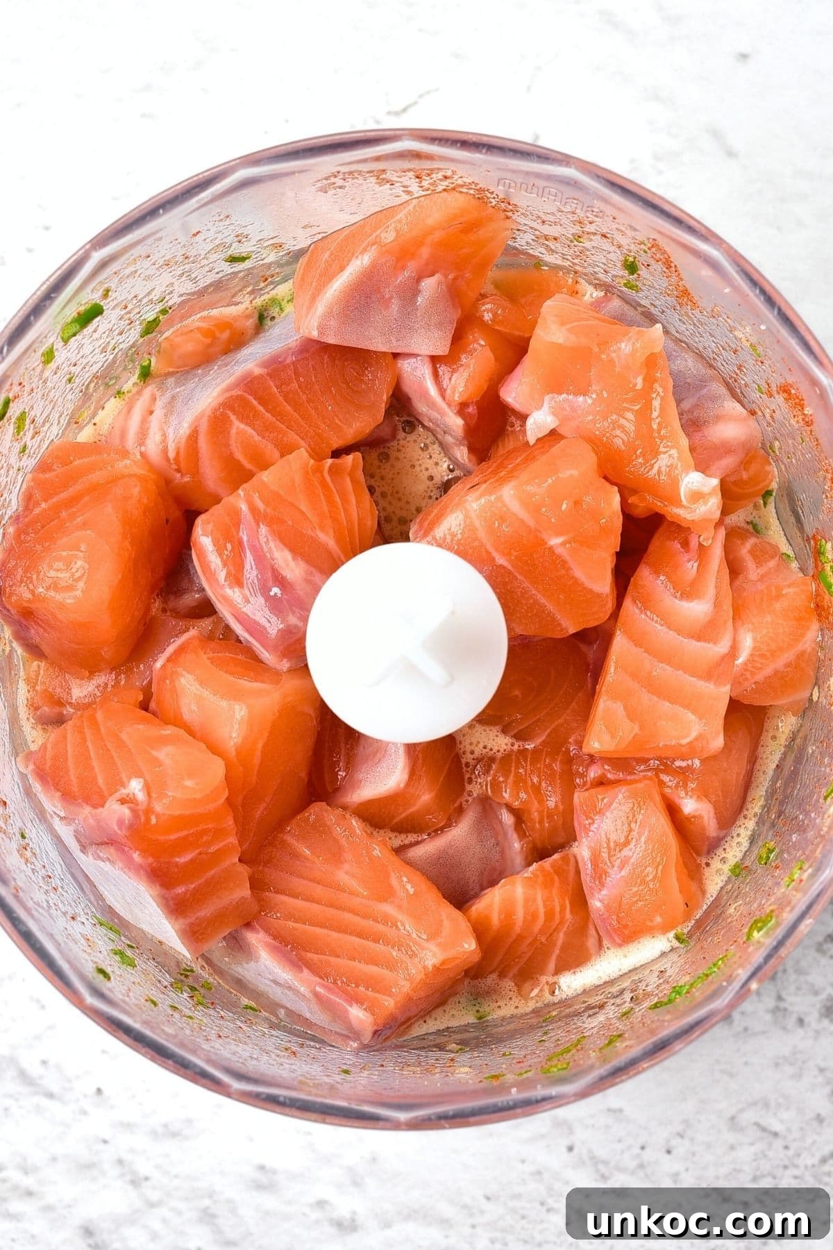 Raw salmon pieces in food processor.