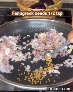 Jaffna Eggplant Chickpea Curry Sri Lankan Brinjal Recipe 17 Sautéing onions and fenugreek seeds for Sri Lankan brinjal curry.
