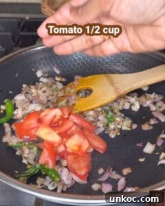 Jaffna Eggplant Chickpea Curry Sri Lankan Brinjal Recipe 22 Preparing Sri Lankan brinjal curry with tomatoes and spices in a skillet.