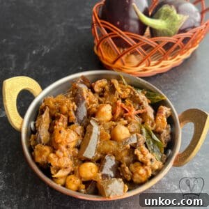 Jaffna Eggplant Chickpea Curry Sri Lankan Brinjal Recipe 40 Traditional Sri Lankan green bean curry served in a bowl with eggplant in the background.