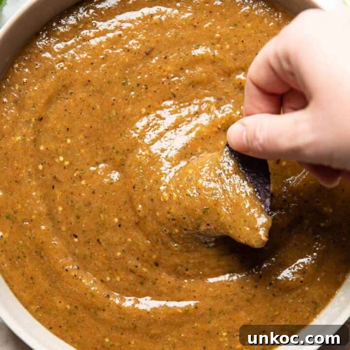 roasted tomatillo salsa in a bowl.
