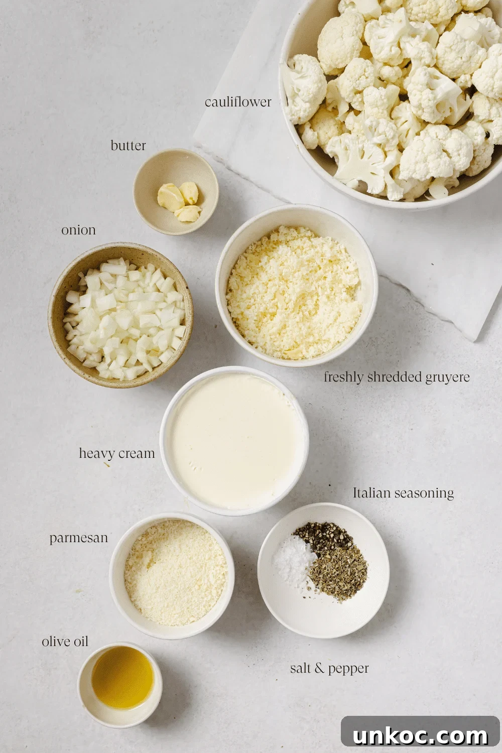 Creamy Cauliflower Au Gratin with Golden Cheese Crust 3 Pre-measured ingredients for cauliflower au gratin.