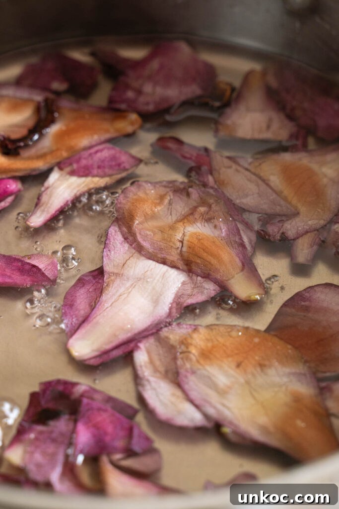 Magnolia petals simmering in syrup