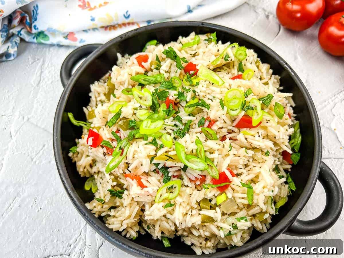 Mediterranean Rice in a black bowl on concrete.