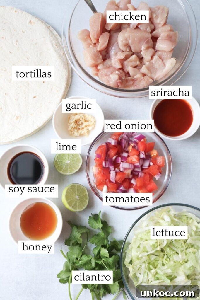 30 Minute Sriracha Chicken Wraps 3 labeled ingredients to make sriracha chicken wraps.